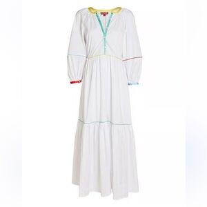 Staud Demi Tiered White Maxi Dress with Color-Trim Detail